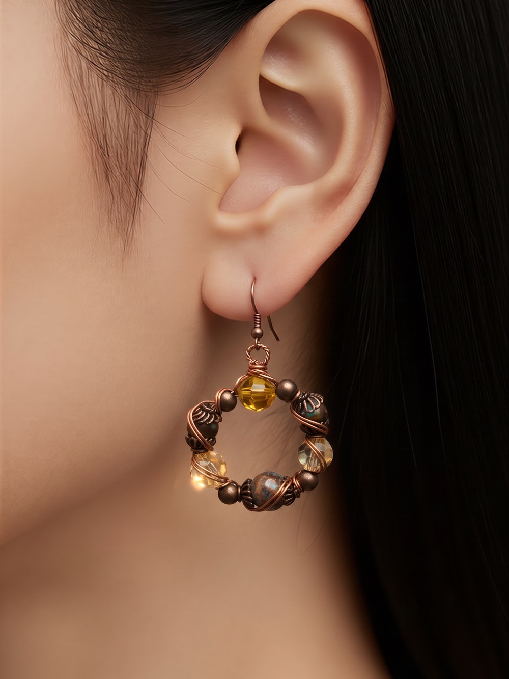 Handmade Copper Hoop Earrings with Amber Beads - Wire Wrapped.